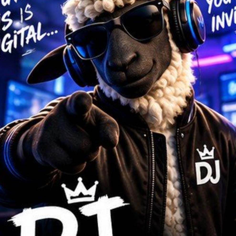 DJ, the black-faced Dyjital Sheep guide, wearing white wool headphones and aviator glasses